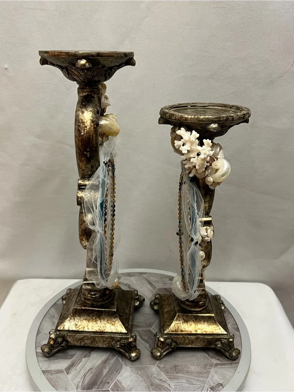 Set of 2 Coastal Dalmatian Dog Seashell Jeweled Candle Holders Sculptures